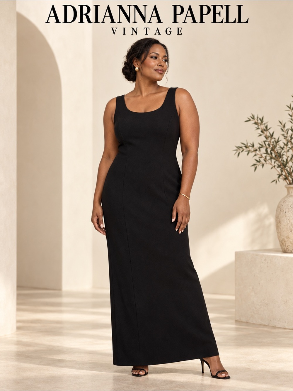 Adrianna Papell Vintage Black Scoop Neck Sleeveless Maxi Gown Sheath Dress 14